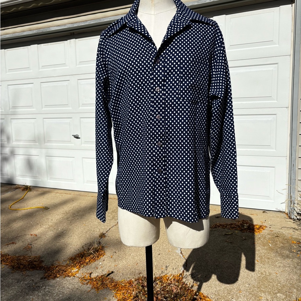 Vintage wide-tip collar Navy Polka Dot Button-Up Shirt